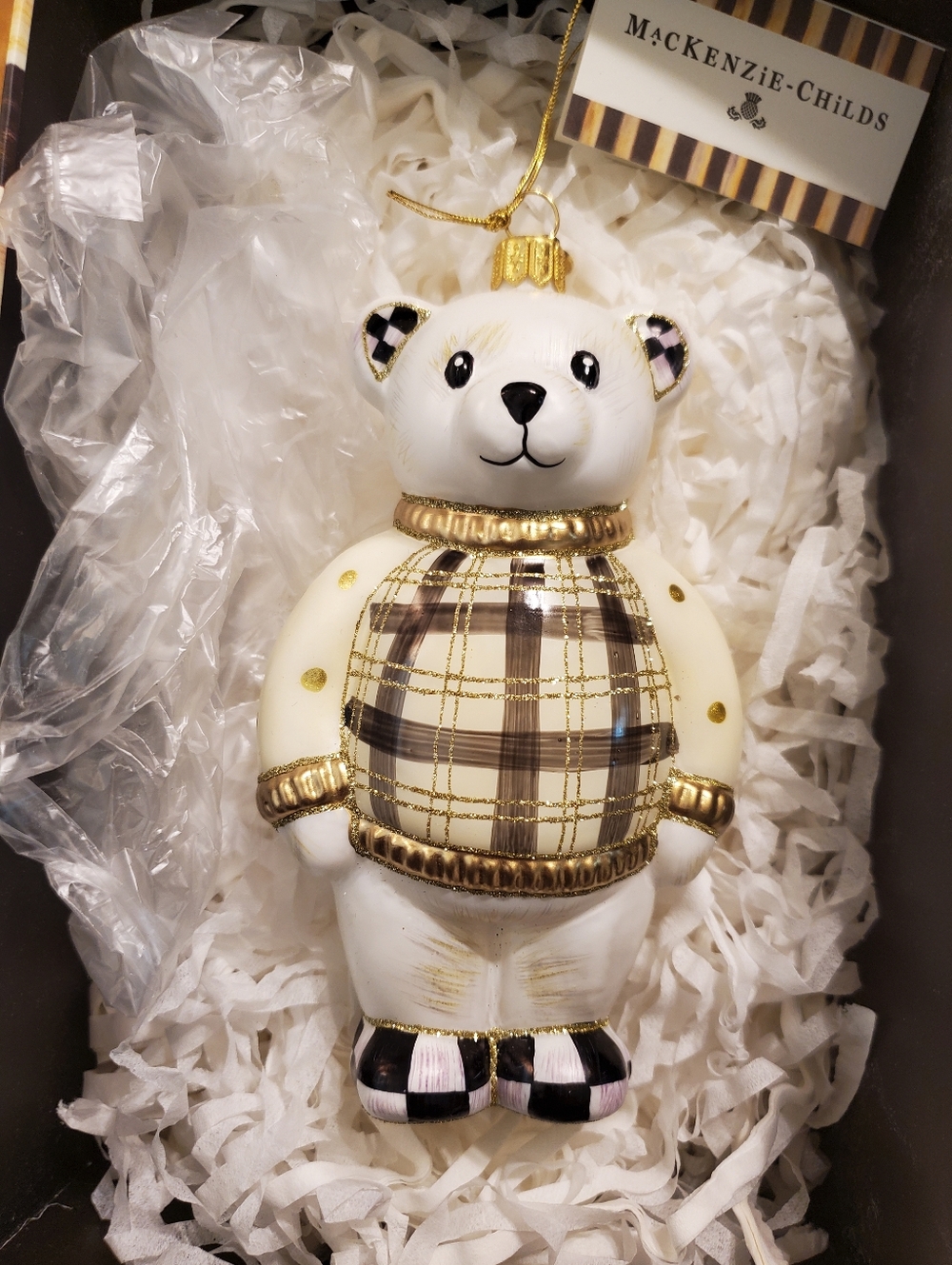 Rare Mackenzie Childs Courtly Check Teddy bear Glass Christmas Tree Ornament New